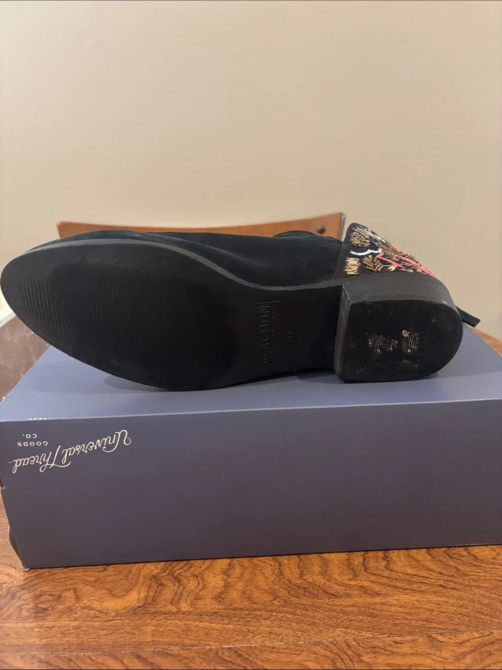 Reaction Kenneth Cole Black Suede Ankle Booties with Embroidered Floral Heel
